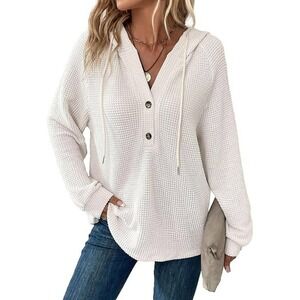 Flamingals Hoodies Womens Waffle Knit Long Sleeve Drawstring Button V Neck 2XL